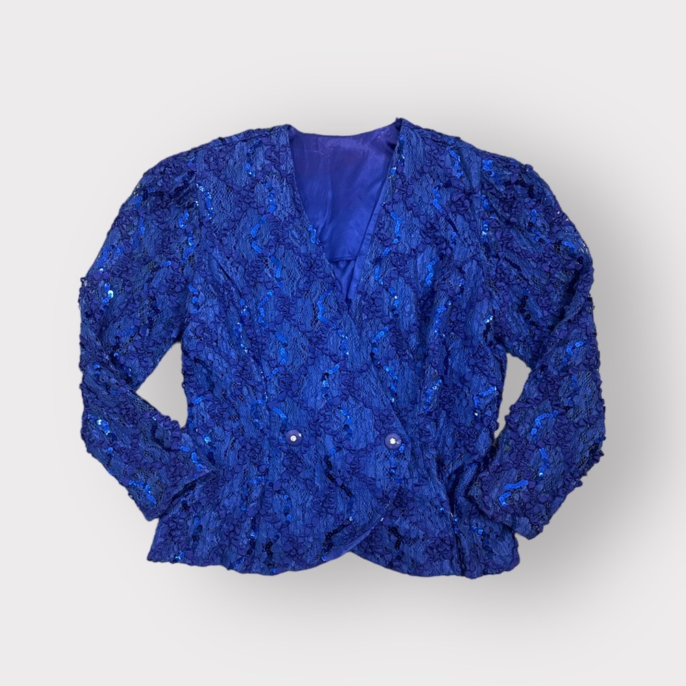 Vintage 1980s Cobalt Blue & Purple, Sequin, Ruffle, Double Breasted Blazer - Picture 5 of 8
